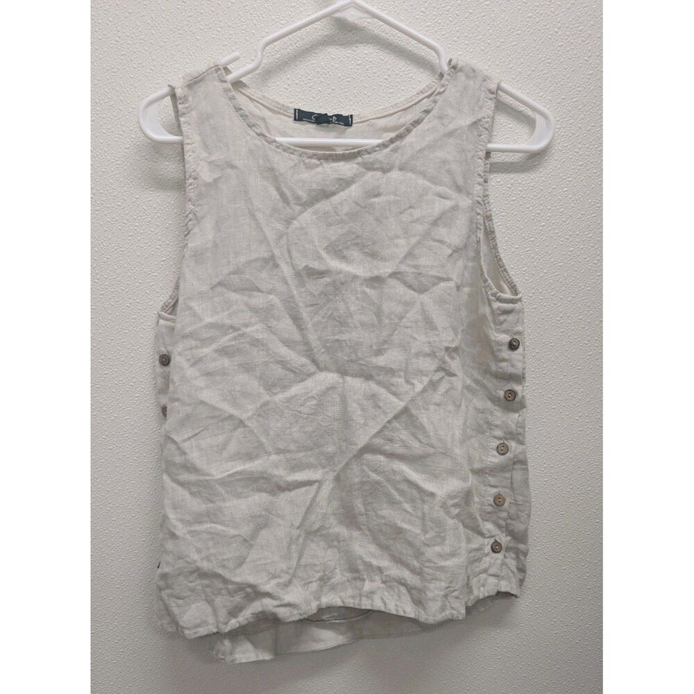 Charlie B Italy Vintage Beige Linen Front Button Accent Top Tank Vacation EUC